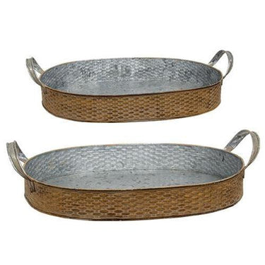 2 Set Basket Weave Embossed Metal Oval Trays - The Fox Decor
